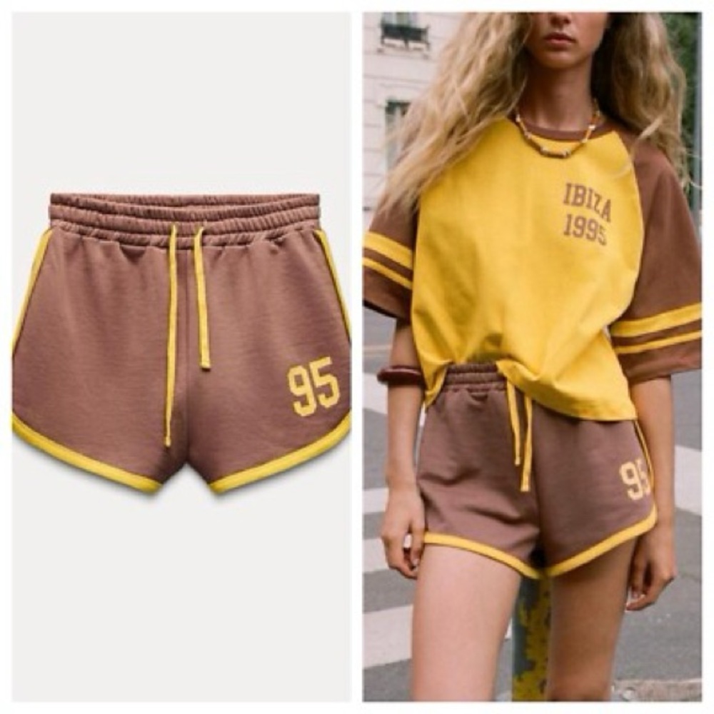 ZARA Zara Varsity Shorts Brown Yellow Small - Beach Summer Ibiza Slogan